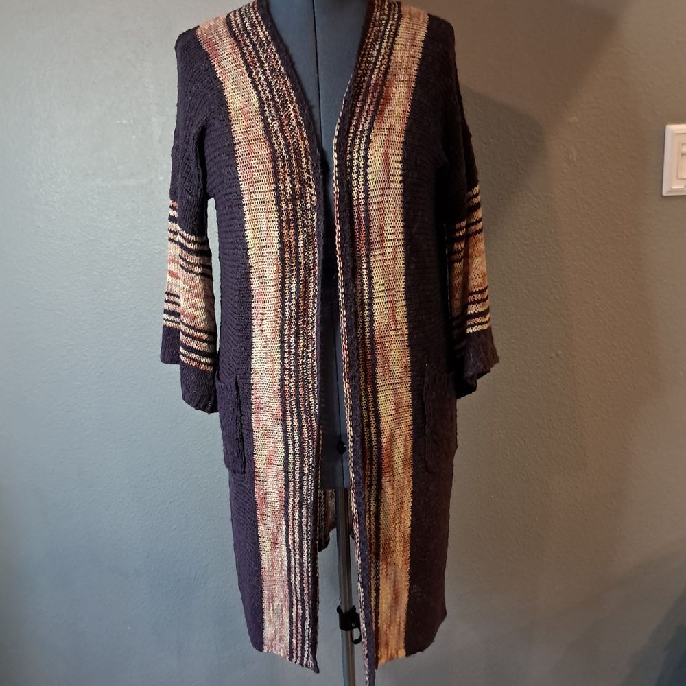 Sasel LosAngeles Long Purple Gold Metallic Striped Open Knitted Cardigan Sweater